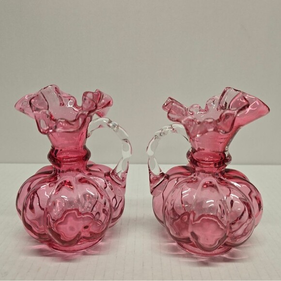 Vintage 60s Fenton Pitcher Vases Cranberry Glass Quilted Melon with Ruffled Edge - Picture 2 of 8